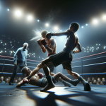 Фотореалистичный кадр нокаута недели: решающий удар, рефери, арена, ошеломлённая толпа.